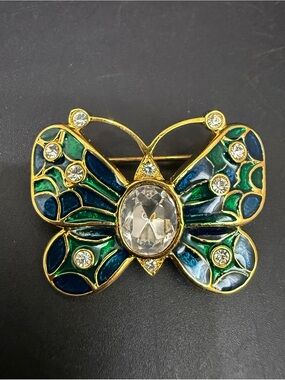 Vintage Regency Accessories Gold-tone RhinestonesEnameled Green Butterfly Brooch